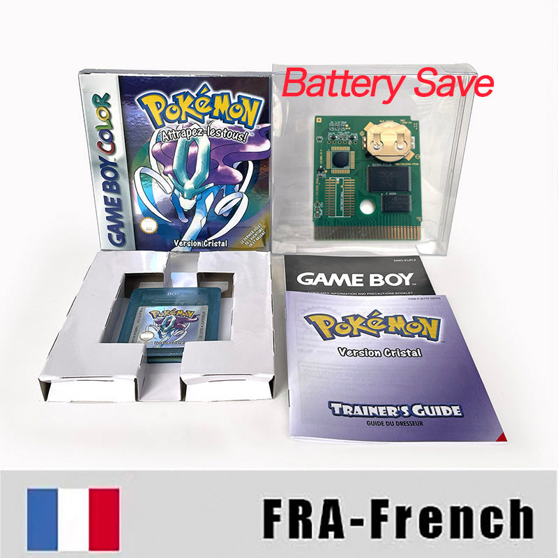 GBC game FRA French pokemon crystal version RTC Flash cart Battery save Nintendo pokemon cristal cartridge tray box game boy color