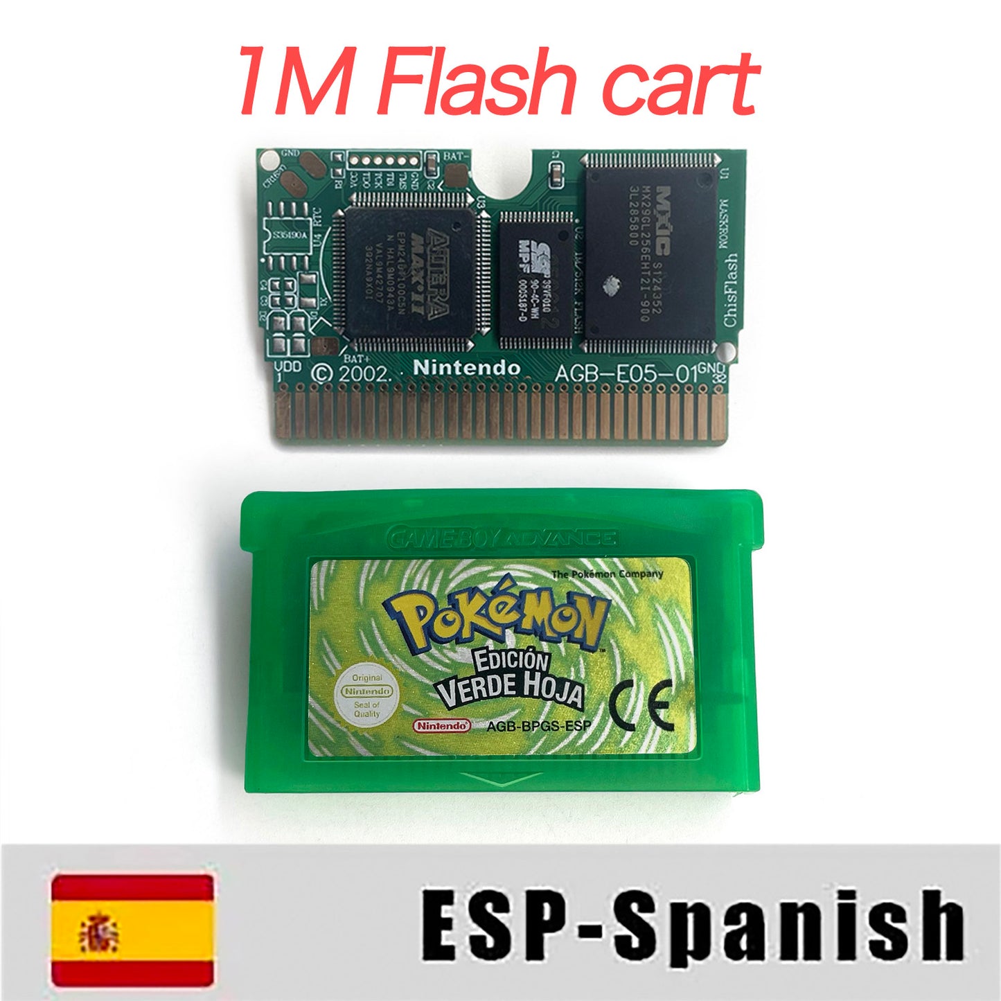 ESP Spanish IC save 1 M flash cart pokemon leafgreen version box with tray Nintendo game cartridge for gba