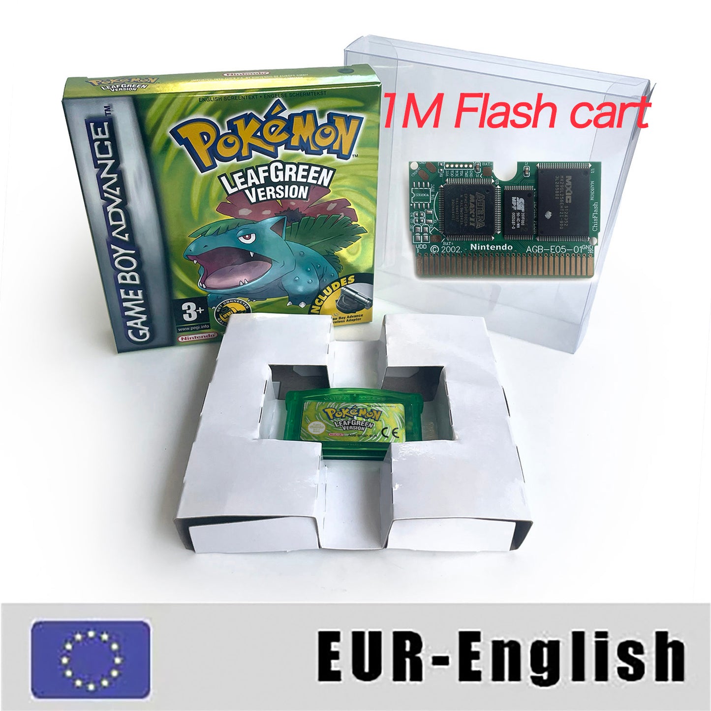 EUR English IC save 1 M flash cart pokemon leafgreen version box with tray Nintendo game cartridge for gba game boy advance