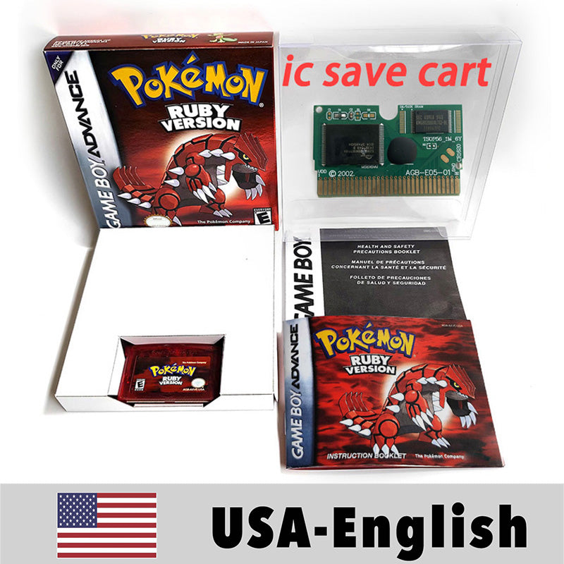 （Shipped from the United States) USA English IC Save Pokemon Emerald Sapphire Leafgreen Ruby Firered Metallic FoilFinish Box Trey Manual Game Cartridge for GBA
