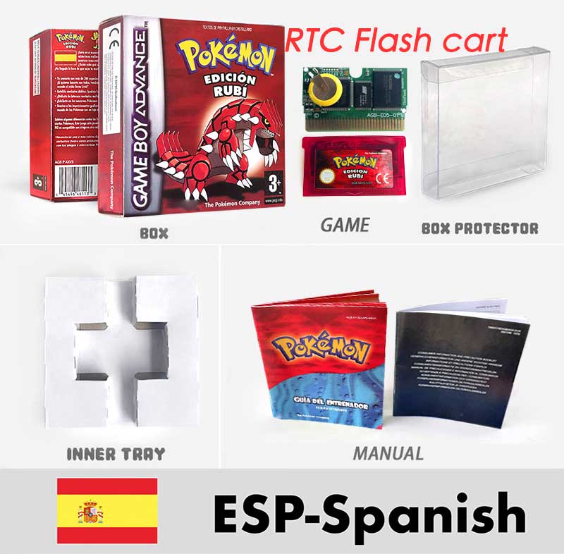 USA FRA NOE FRA RTC/1 M Flash CART pokemon sapphire ruby leafgreen emerald firered sealed box tray Game Cartridge manual for gba