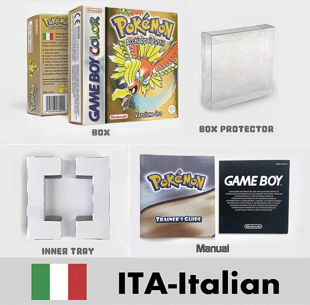 USA FRA NOE ESP ITA Pokemon Yellow Blue Red Crystal Silver Gold Green box and manual for GBC