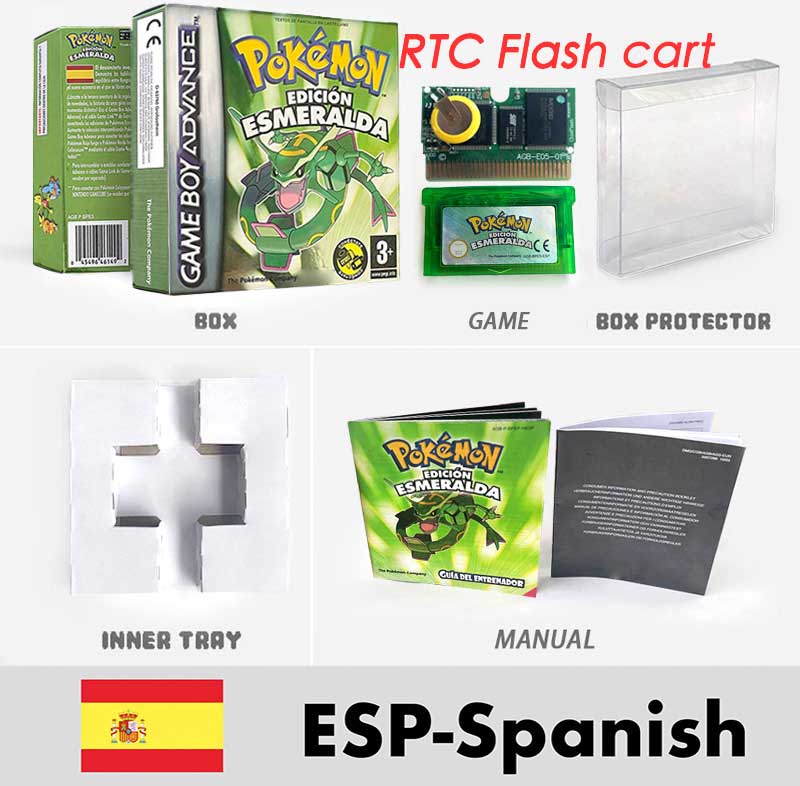 USA FRA NOE FRA RTC/1 M Flash CART pokemon sapphire ruby leafgreen emerald firered sealed box tray Game Cartridge manual for gba