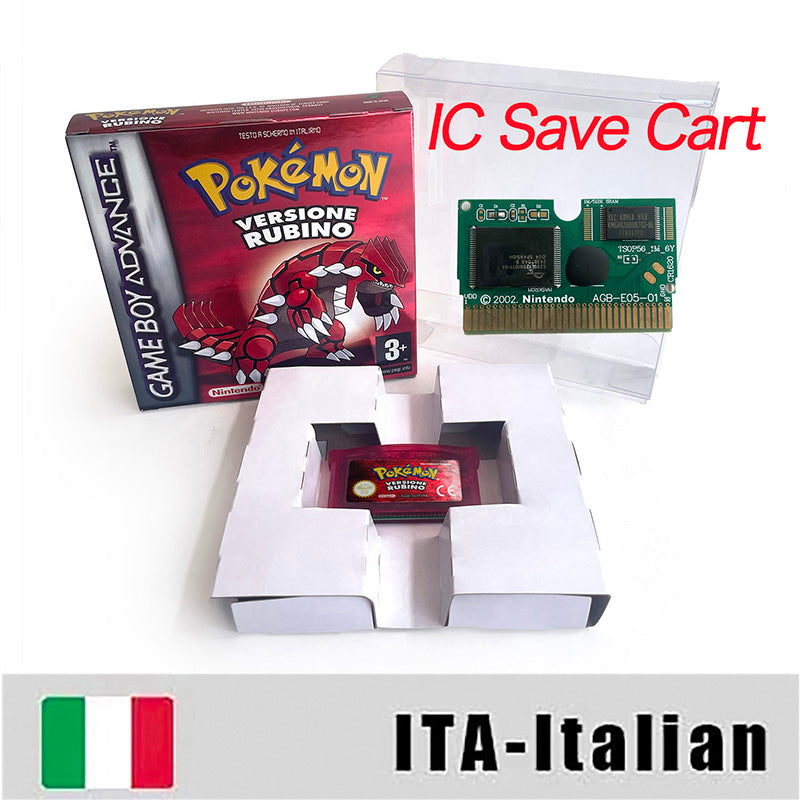 EUR ESP NOE FRA ITA IC save cart Nintendo Pokemon Emerald Ruby Leafgreen Sapphire Firered Metallic Holographic Box game cartridge for GBA