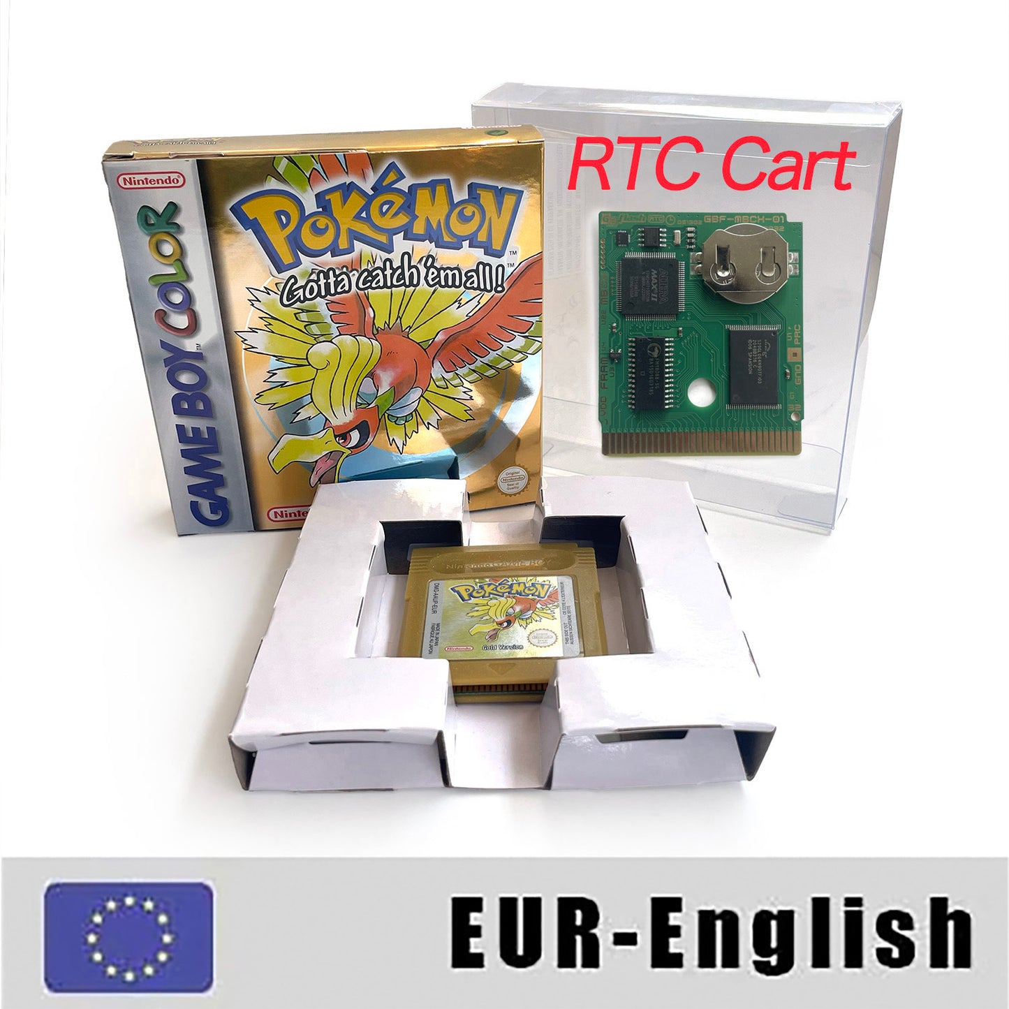 GBC game EUR English pokemon gold version RTC Flash cart Nintendo Battery save cartridge with tray box game boy color