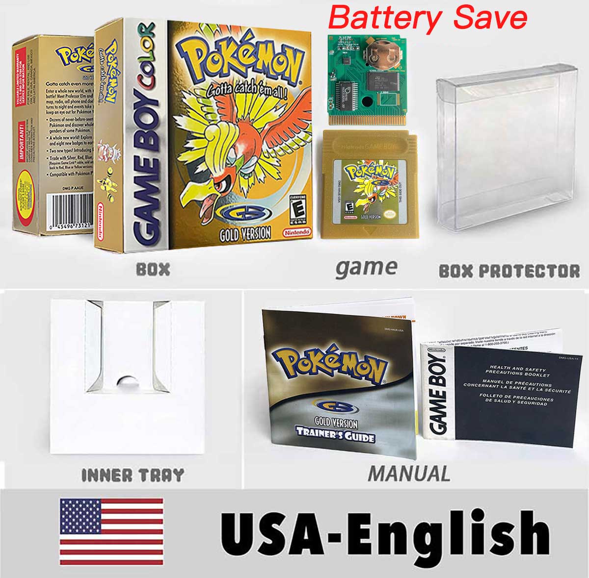 USA ITA NOE FRA ESP version battery save cart sealed pokemon crystal gold silver yellow red blue 16 bit box tray manual Game Cartridge for GBC
