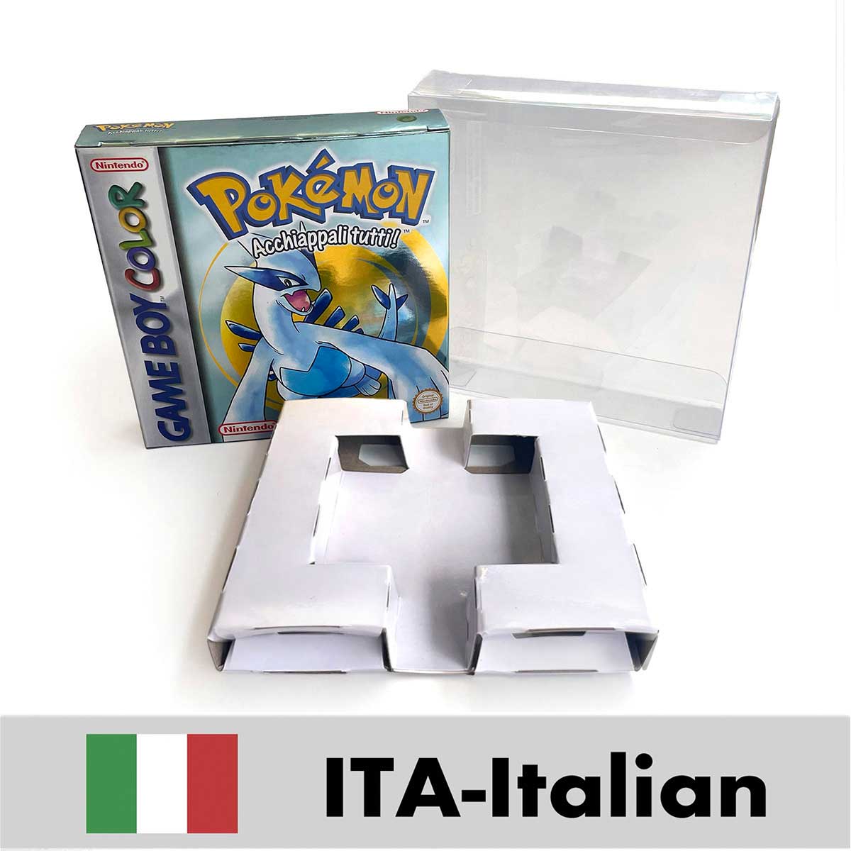 USA FRA NOE ESP ITA EUR Pokemon crystal gold silver red blue yellow Metallic FoilFinish Box Trey Manual label for GBC