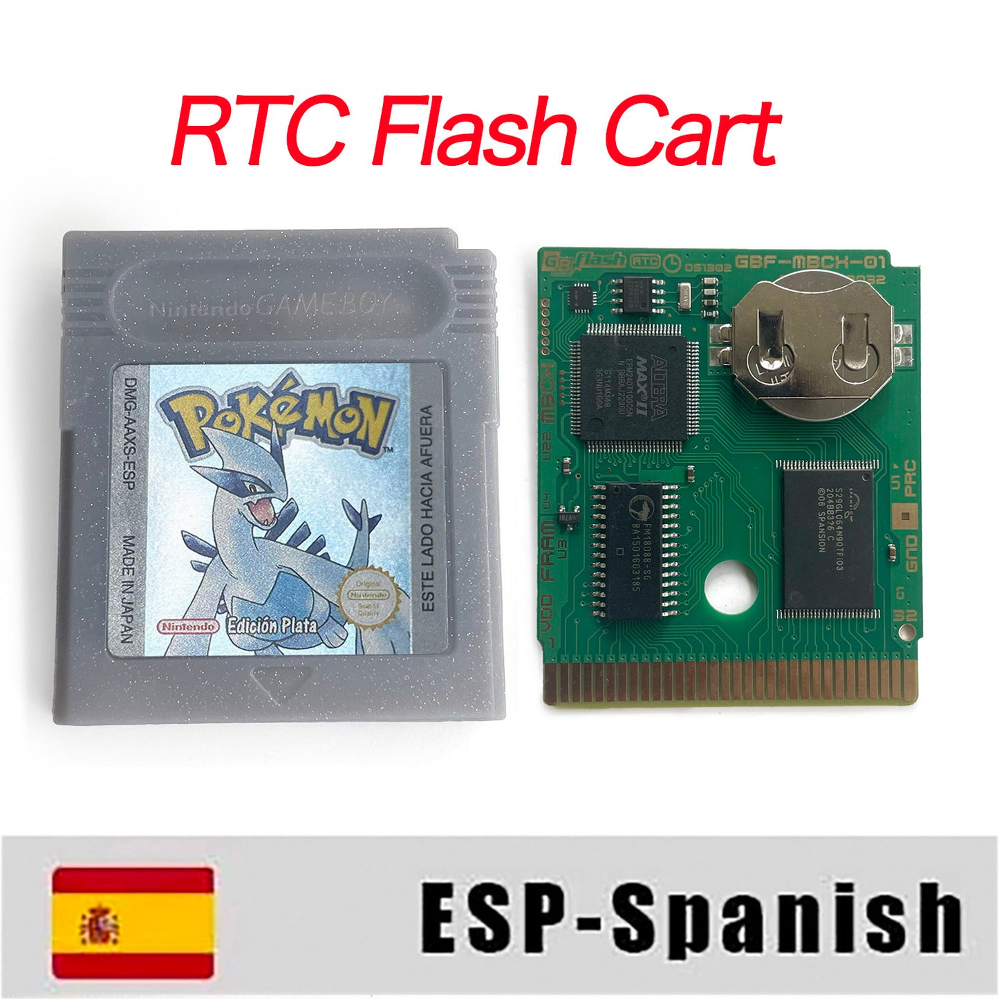 GBC game ESP Spanish pokemon silver version RTC Flash cart Battery save Nintendo pokemon plata cartridge tray box game boy color