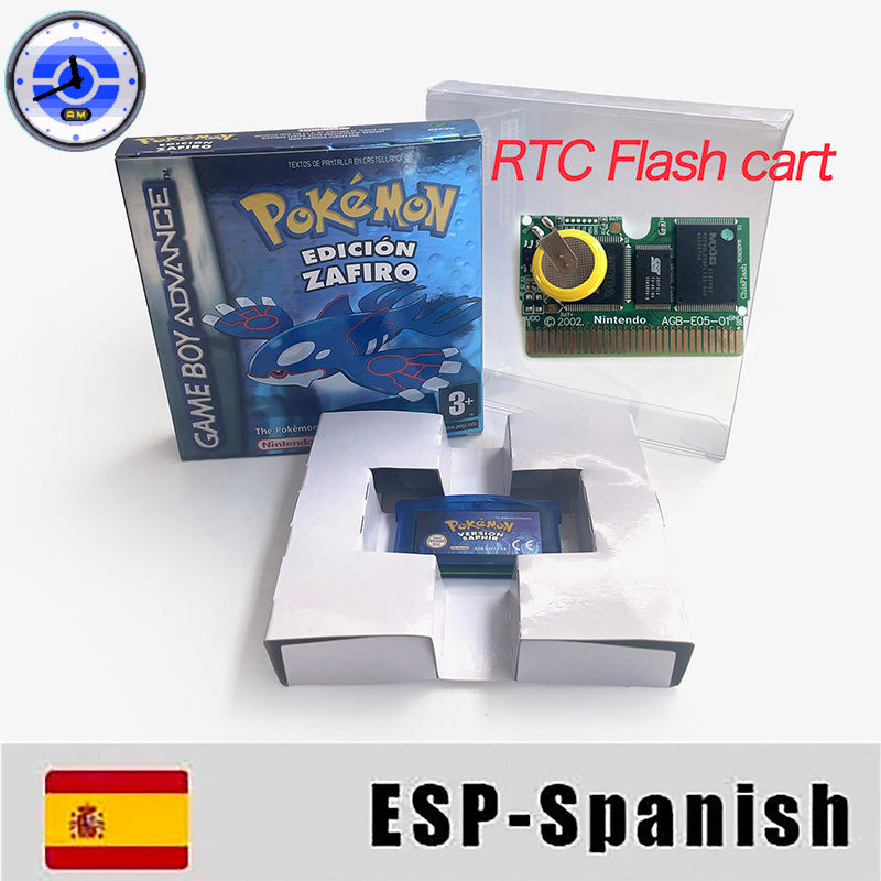 EUR ESP NOE FRA ITA USA RTC flash 1 M Flash CART  Pokemon 5 types Sapphire Firered Emerald Ruby Leafgreen Video Game cart for GBA Multilingual