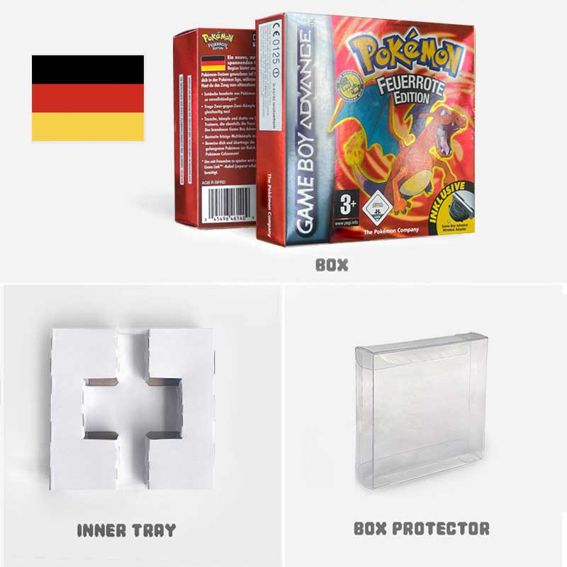 USA FRA NOE ESP ITA EUR Pokemon Emerald Sapphire Leafgreen Ruby Firered Metallic FoilFinish Box Trey Manual label for GBA