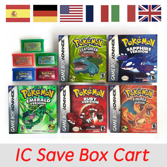 EUR ESP NOE FRA ITA IC save cart Nintendo Pokemon Emerald Ruby Leafgreen Sapphire Firered Metallic Holographic Box game cartridge for GBA