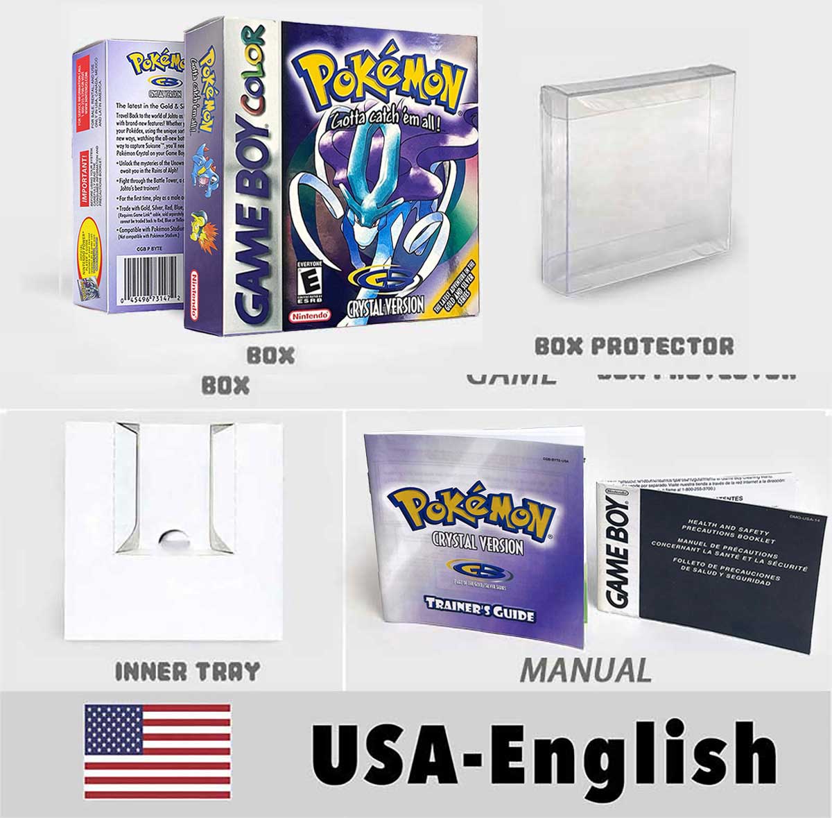 USA FRA NOE ESP ITA Pokemon Yellow Blue Red Crystal Silver Gold Green box and manual for GBC