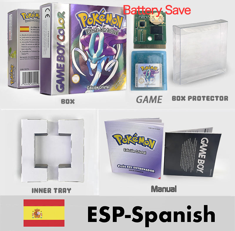 USA ITA NOE FRA ESP version battery save cart sealed pokemon crystal gold silver yellow red blue 16 bit box tray manual Game Cartridge for GBC