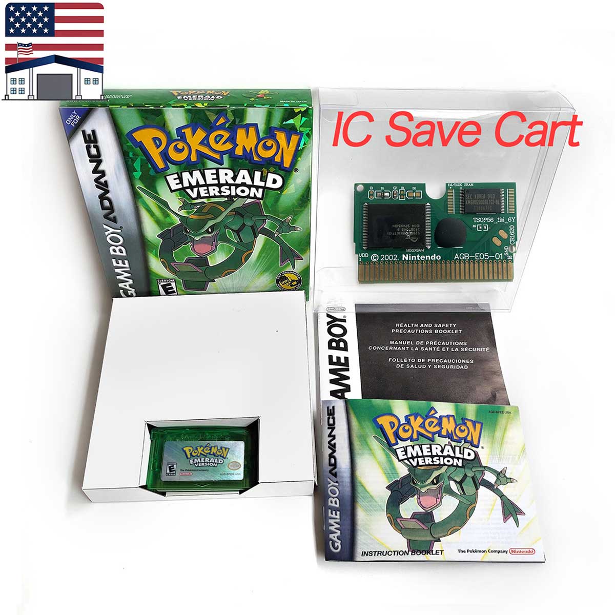 （Shipped from the United States) USA English IC Save Pokemon Emerald Sapphire Leafgreen Ruby Firered Metallic FoilFinish Box Trey Manual Game Cartridge for GBA