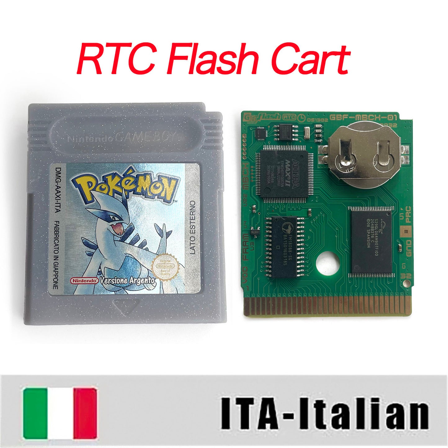 GBC game ITA Italian pokemon silver version RTC Flash cart Battery save Nintendo pokemon argento cartridge tray box game boy color