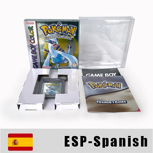 GBC game ESP Spanish pokemon silver version RTC Flash cart Battery save Nintendo pokemon plata cartridge tray box game boy color