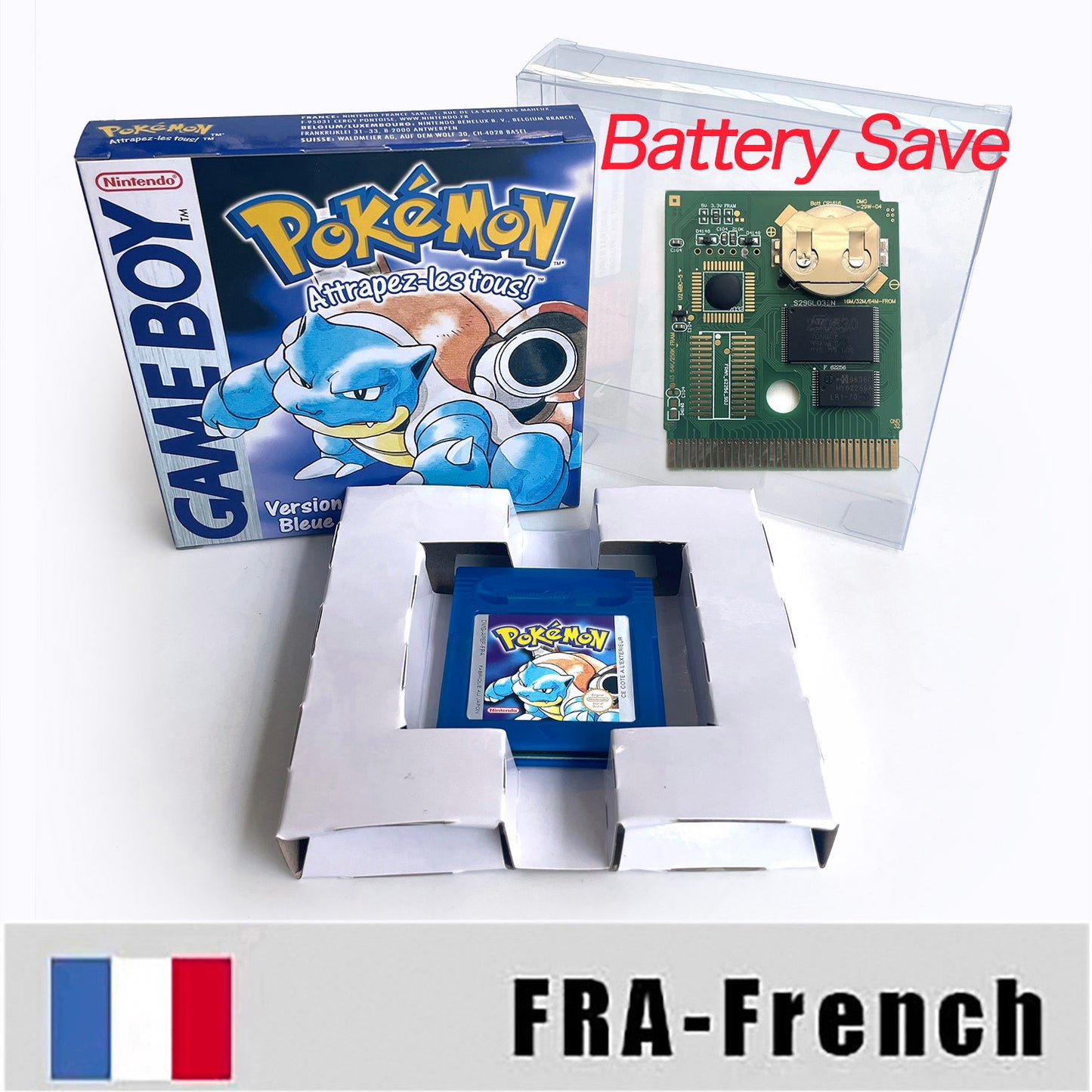 GBC game FRA French pokemon blue version Nintendo Battery save flash cart pokemon bleu cartridge tray box gbc game boy color
