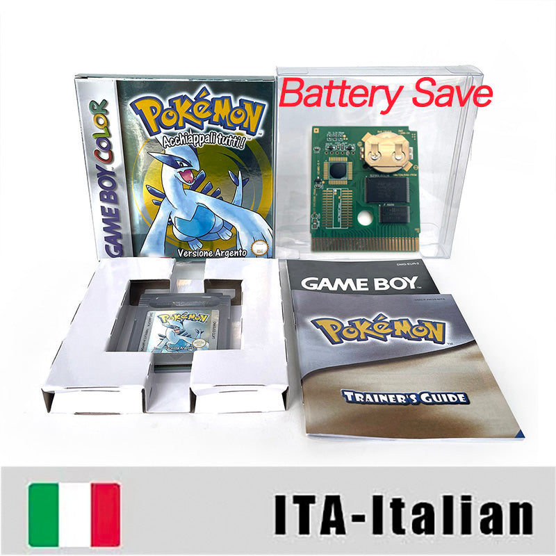 GBC game ITA Italian pokemon silver version RTC Flash cart Battery save Nintendo pokemon argento cartridge tray box game boy color