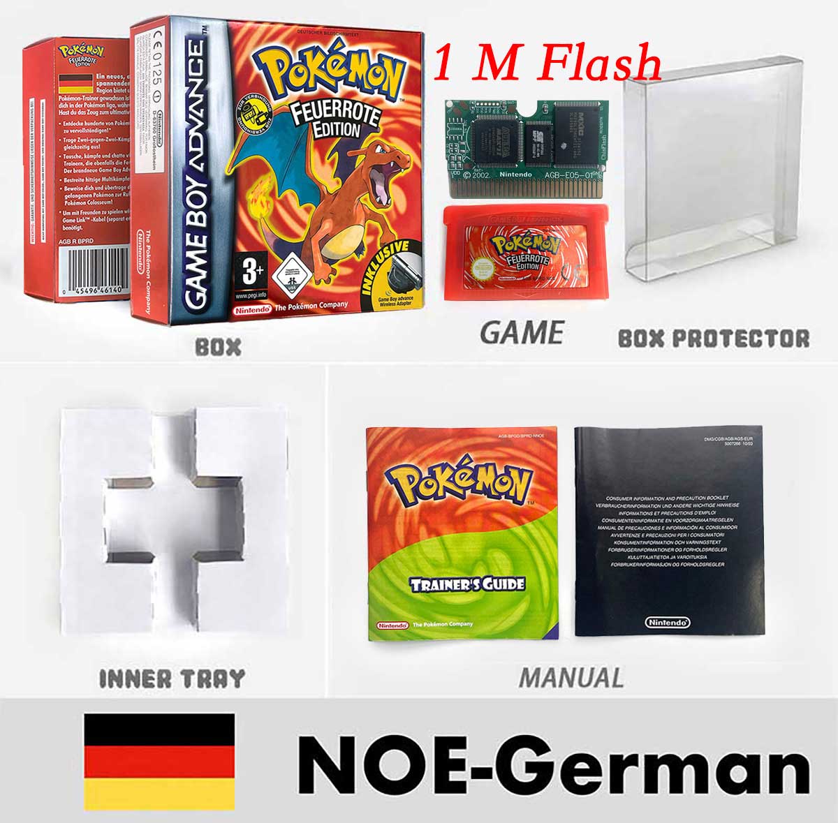 USA FRA NOE FRA RTC/1 M Flash CART pokemon sapphire ruby leafgreen emerald firered sealed box tray Game Cartridge manual for gba