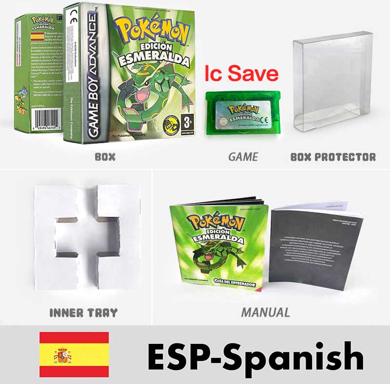 USA FRA NOE FRA IC SAVE Pokemon Emerald Ruby Firered Sapphire LeafGreen Sealed Box Tray Game Cartridge Manual for Gba
