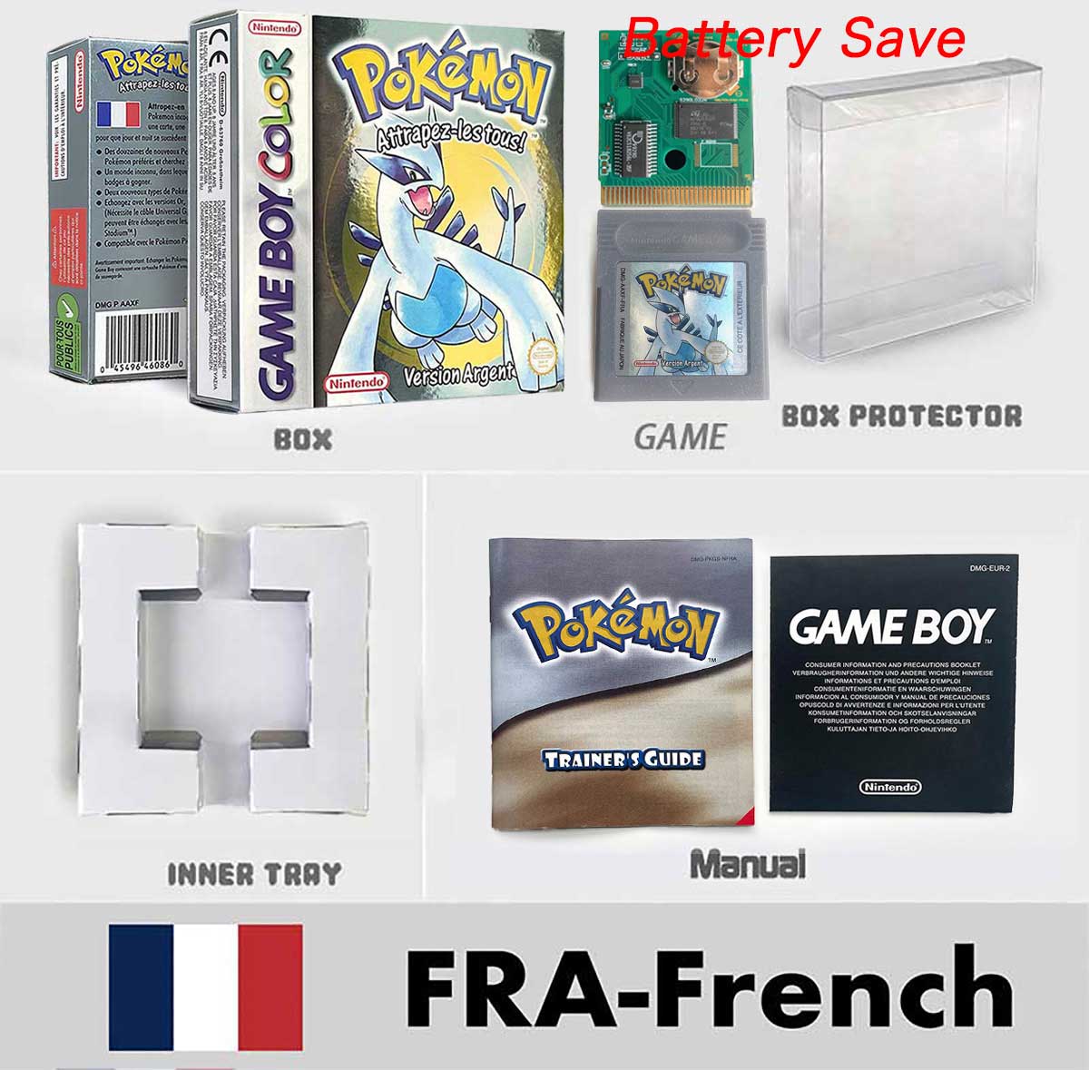 USA ITA NOE FRA ESP version battery save cart sealed pokemon crystal gold silver yellow red blue 16 bit box tray manual Game Cartridge for GBC
