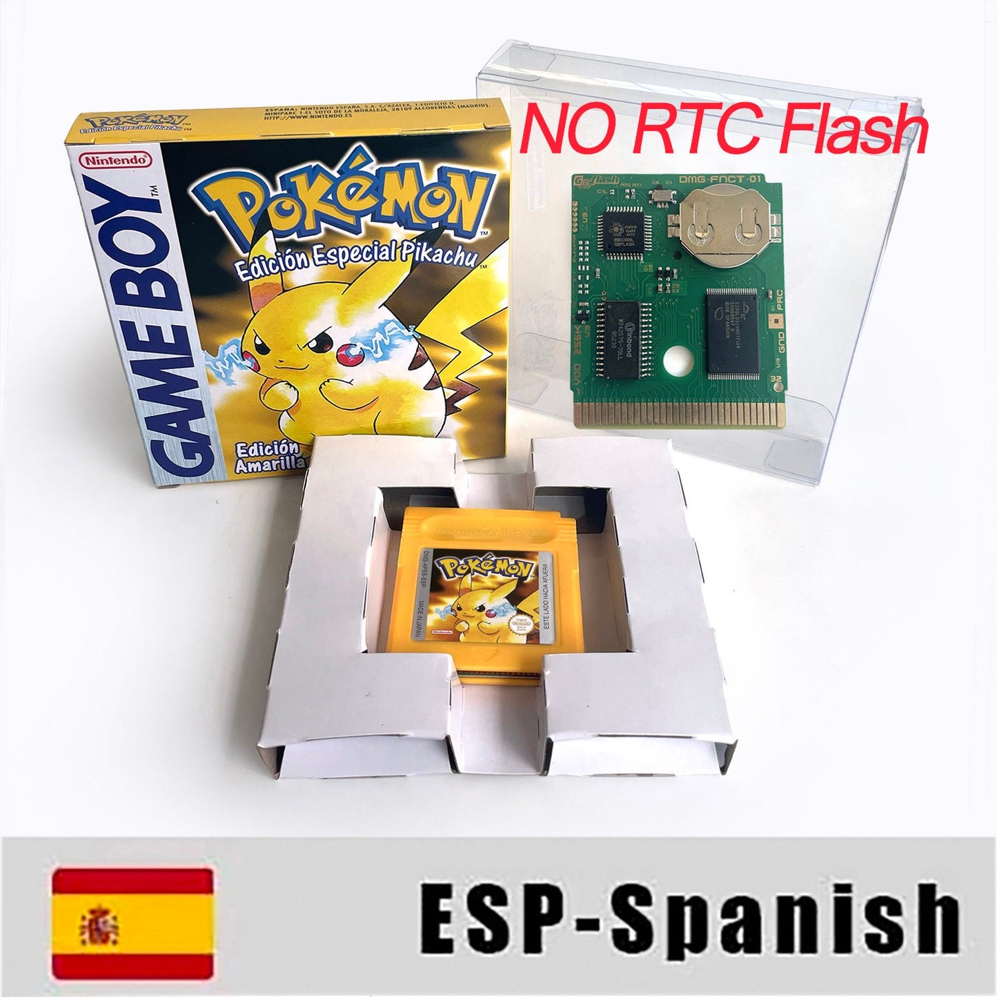 GBC game ESP Spanish pokemon yellow version Nintendo Battery save NO RTC flash pokemon amarillo cartridge tray box gbc game boy color