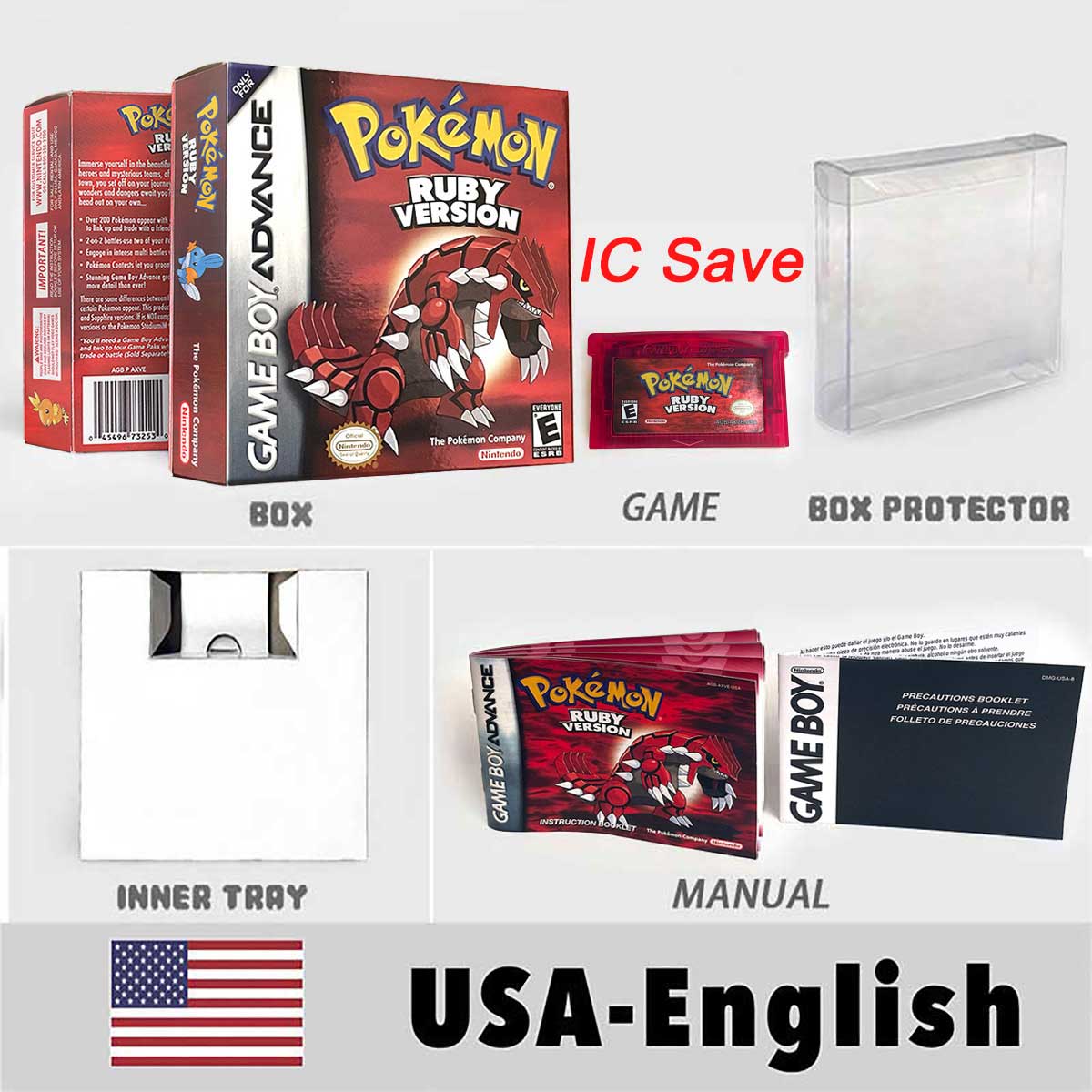 USA FRA NOE FRA IC SAVE Pokemon Emerald Ruby Firered Sapphire LeafGreen Sealed Box Tray Game Cartridge Manual for Gba