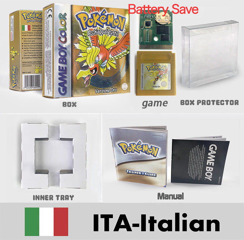 USA ITA NOE FRA ESP version battery save cart sealed pokemon crystal gold silver yellow red blue 16 bit box tray manual Game Cartridge for GBC