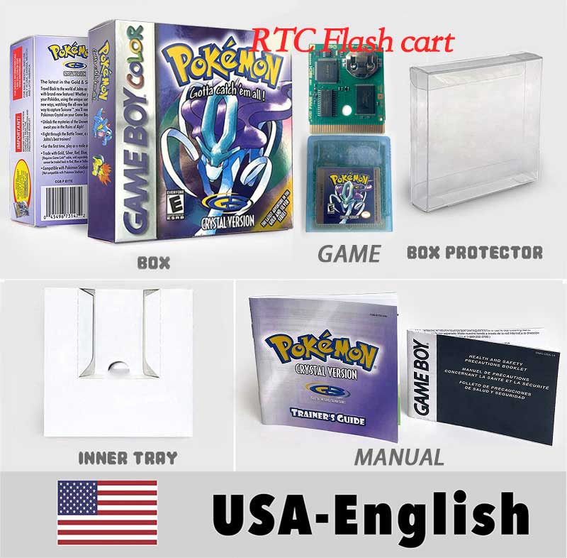 USA ITA NOE FRA ESP pokemon RTC Gold silver crystal NO RTC blue yellow red sealed 16 bit box tray manual Game Cartridge for GBC