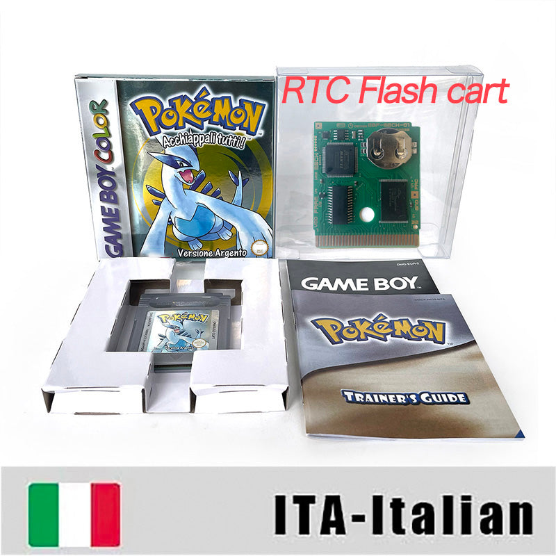 GBC game ITA Italian pokemon silver version RTC Flash cart Battery save Nintendo pokemon argento cartridge tray box game boy color