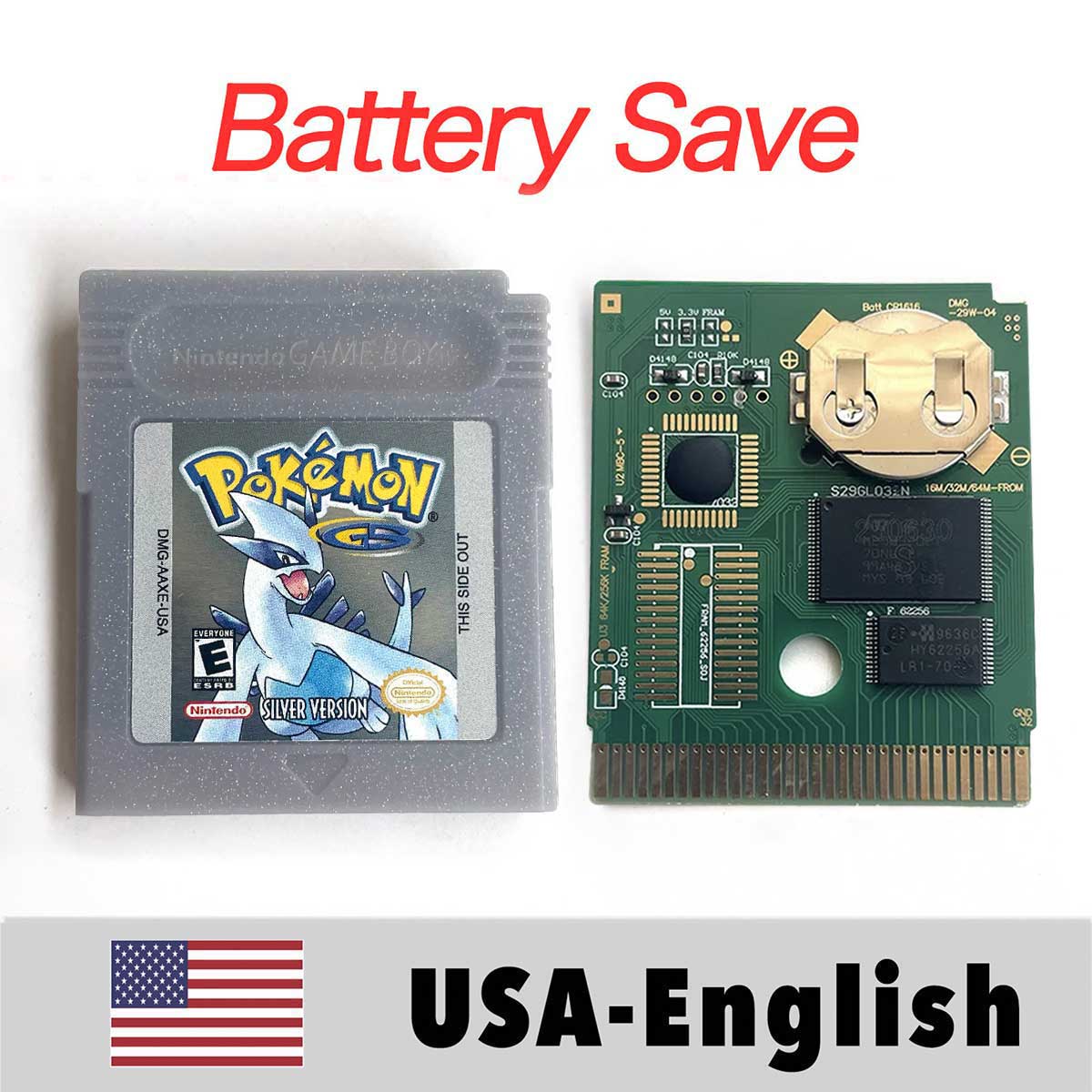 USA ITA NOE FRA ESP EUR version battery save cart pokemon yellow red crystal gold silver blue 16 bit Game Cartridge for GBC