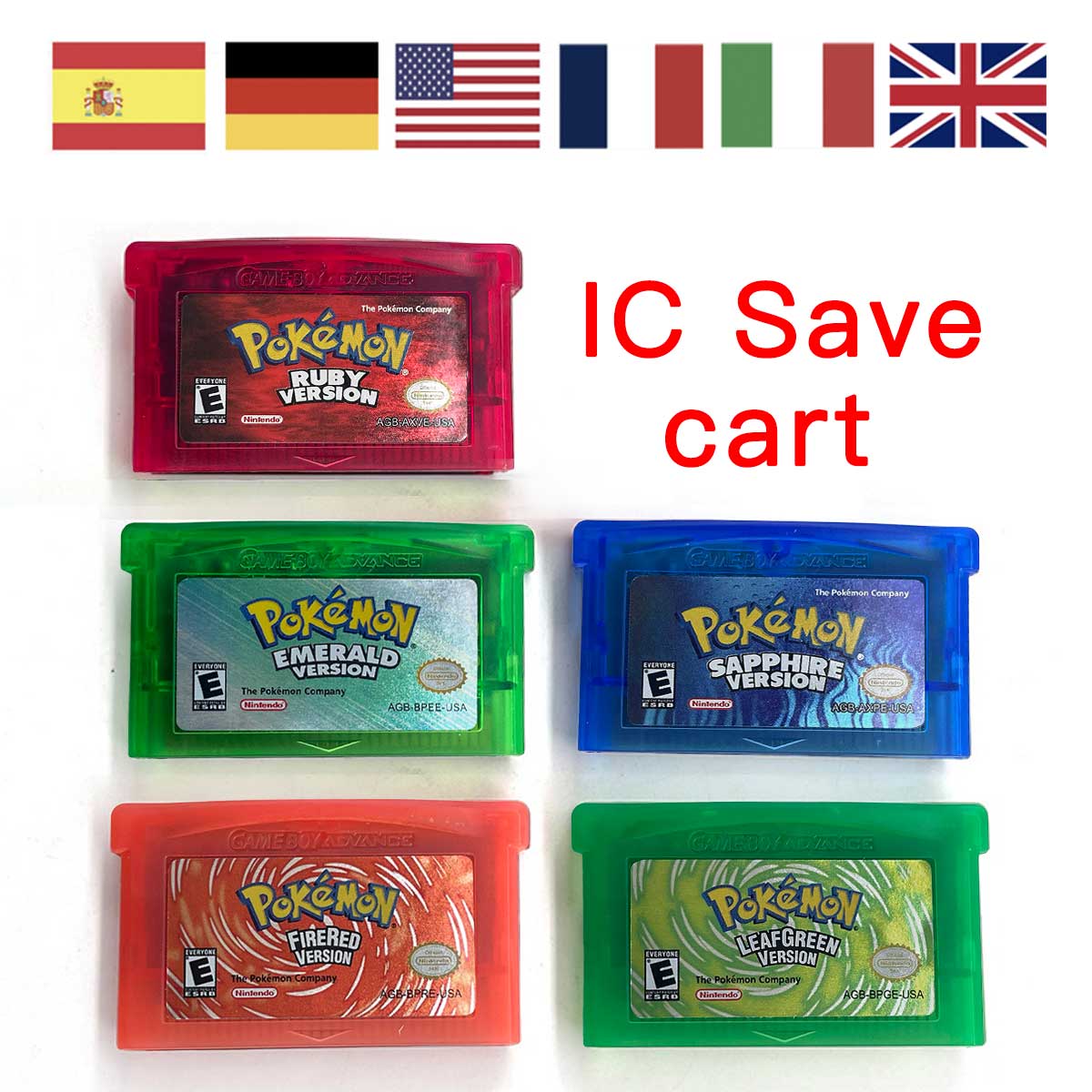 USA ESP NOE FRA EUR ITA IC Save cart Pokemon Emerald,firered,ruby,sapphire,leafgreen Game Cartridge for GBA multiple languages