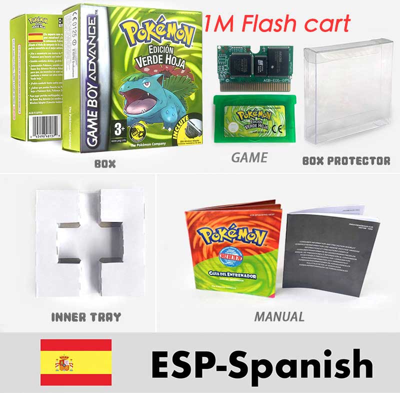 USA FRA NOE FRA RTC/1 M Flash CART pokemon sapphire ruby leafgreen emerald firered sealed box tray Game Cartridge manual for gba