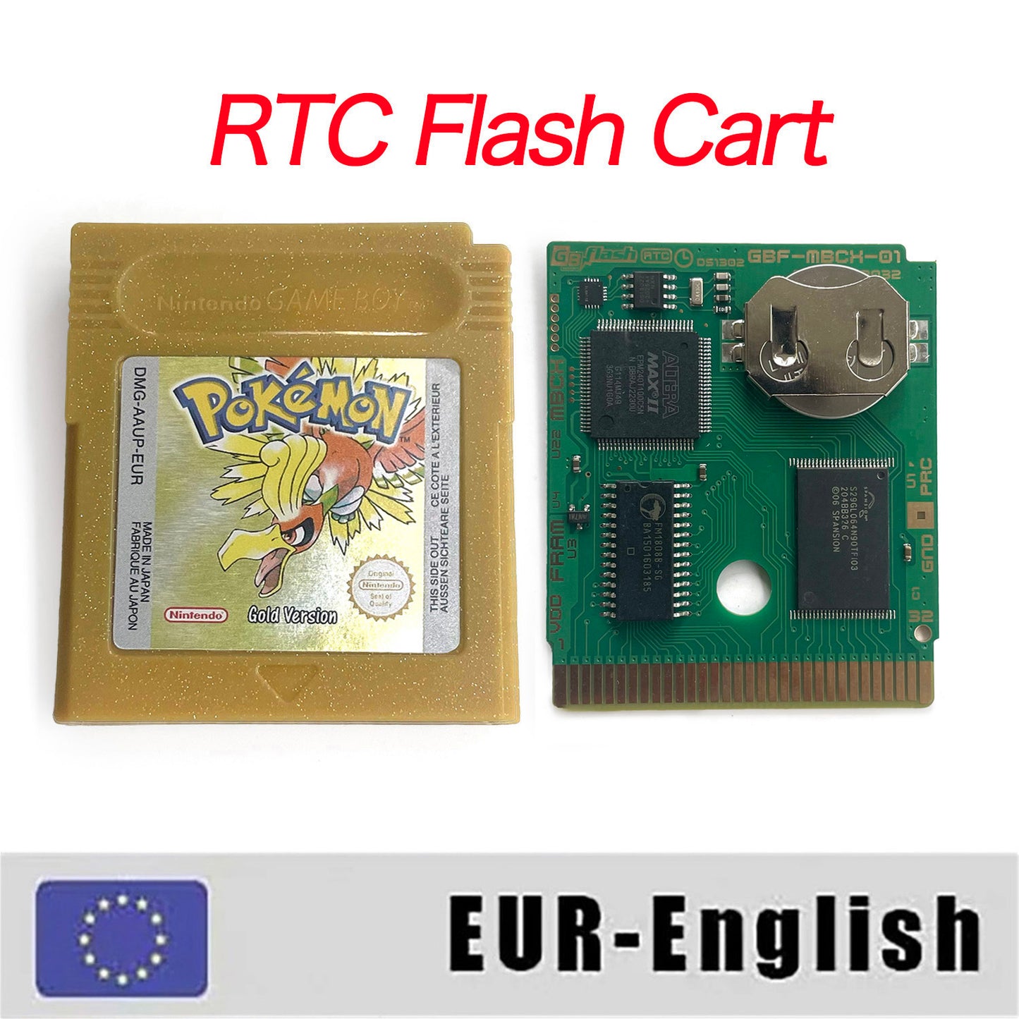 GBC game EUR English pokemon gold version RTC Flash cart Nintendo Battery save cartridge with tray box game boy color