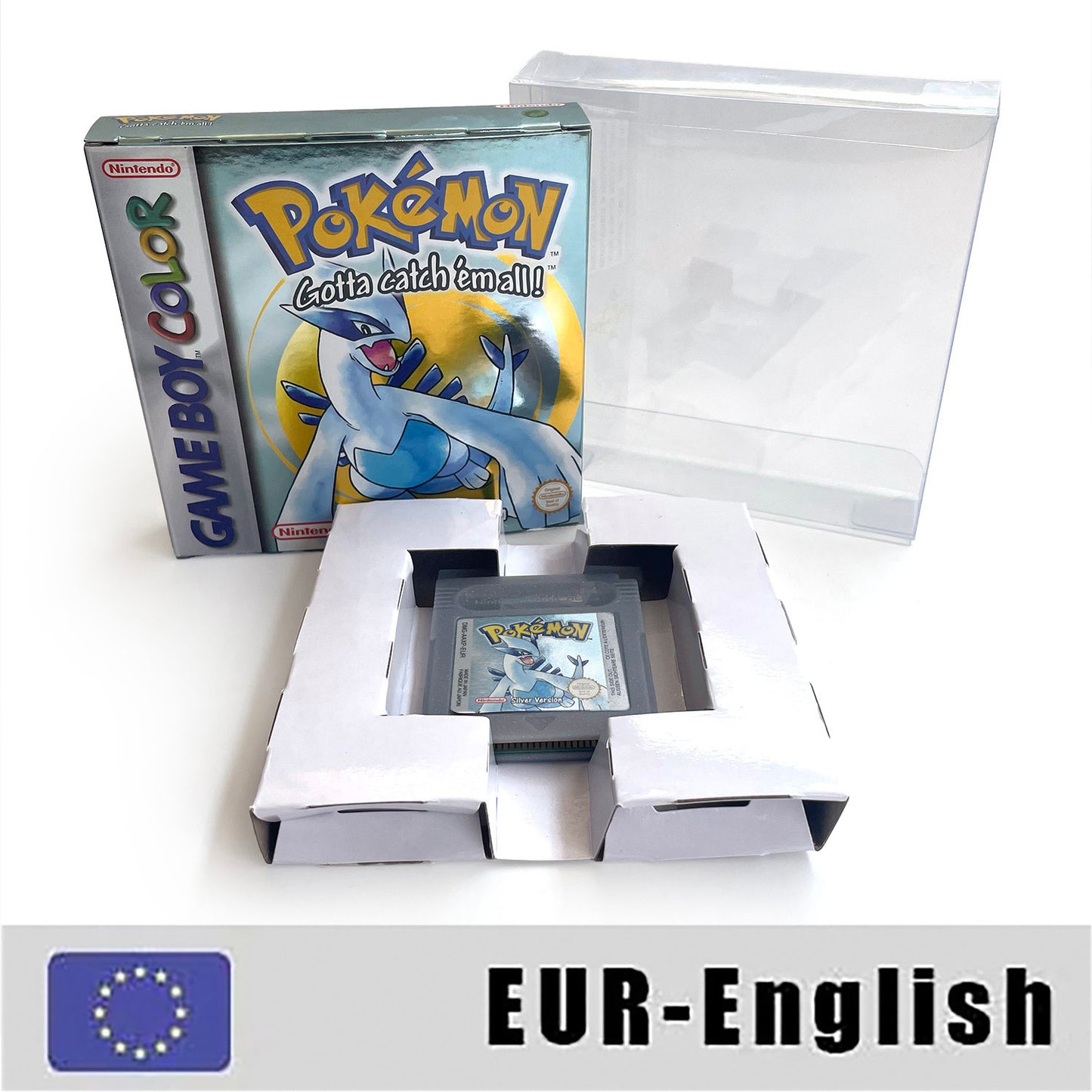 GBC game EUR english pokemon silver version RTC Flash cart Battery save Nintendo cartridge tray box game boy color