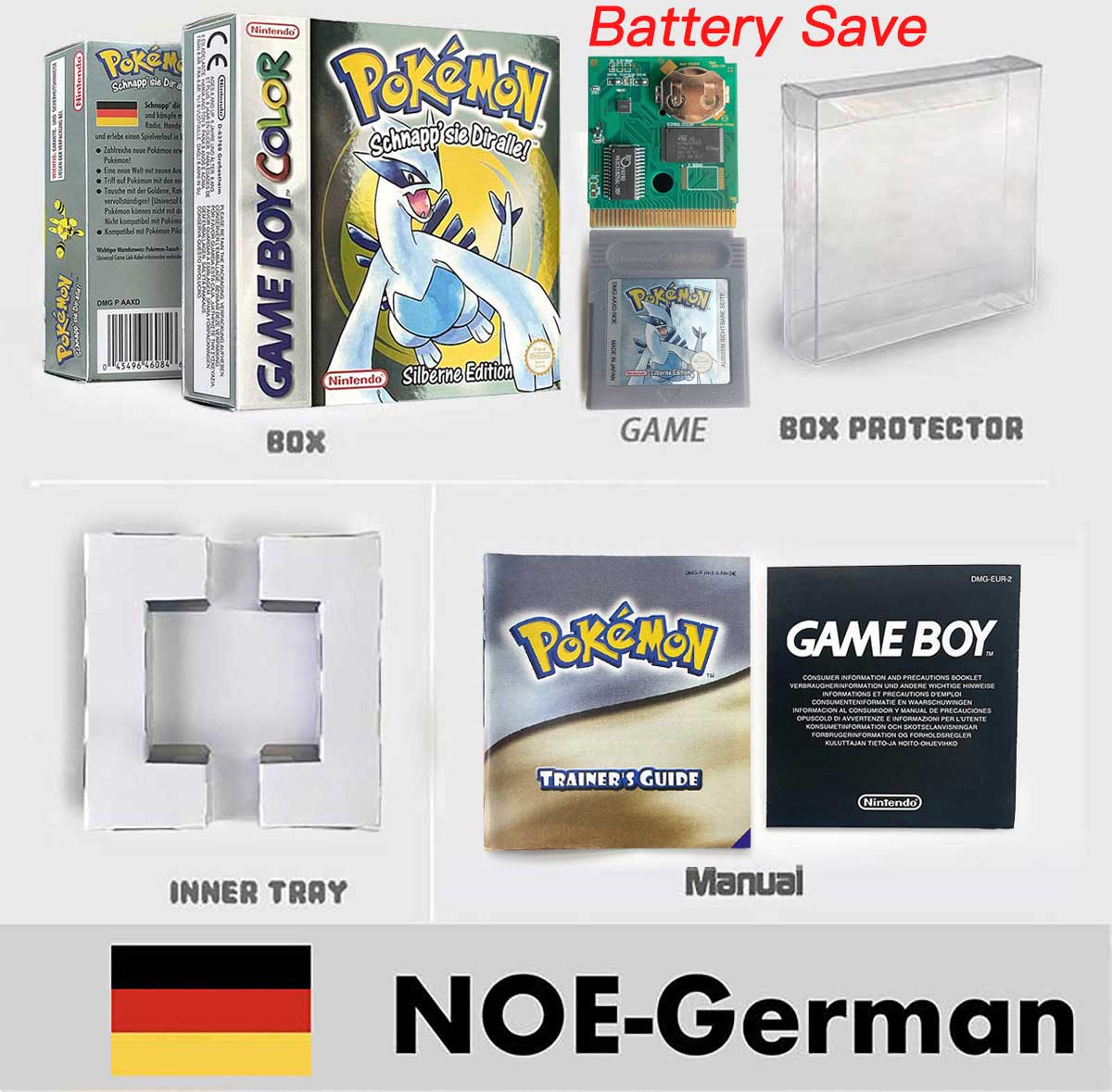 USA ITA NOE FRA ESP version battery save cart sealed pokemon crystal gold silver yellow red blue 16 bit box tray manual Game Cartridge for GBC
