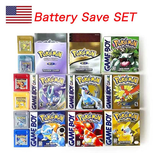 （Shipped from the United States)USA Pokemon Battery Save cart Crtstal, Red, Blue green,Yellow, Gold, Silver,  box trey manual Game Cartridge for GBC