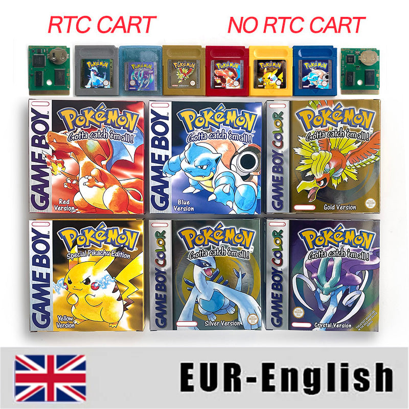 ITA ESP EUR FRA NOE USA Pokemon series RTC Flash silver crystal gold NO RTC flash yellow red blue 16 bit box tray Game Cartridge for GBC Multi-language