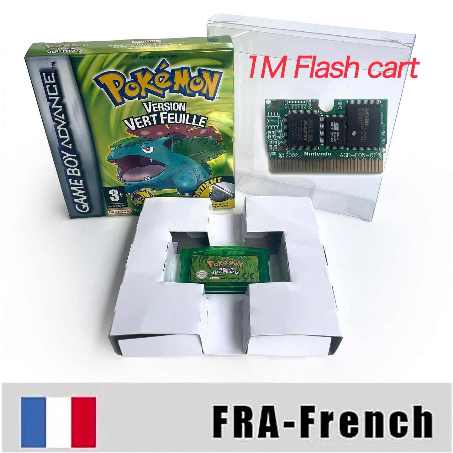 FRA French IC save 1 M flash cart pokemon feuille verte version box with tray Nintendo game cartridge for gba game boy advance