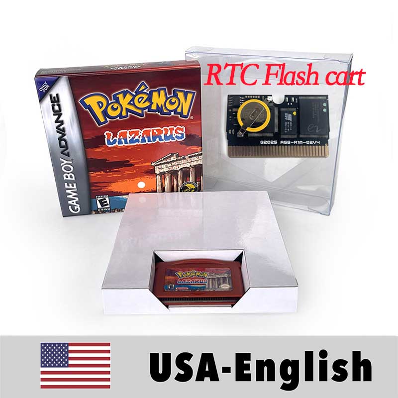 USA ESP RTC/1M Flash cart pokemon GLAZED Emerald Legacy firered rocket Unbound Odyssey lazarus Cartridge BOX Card Rom Hack for gba