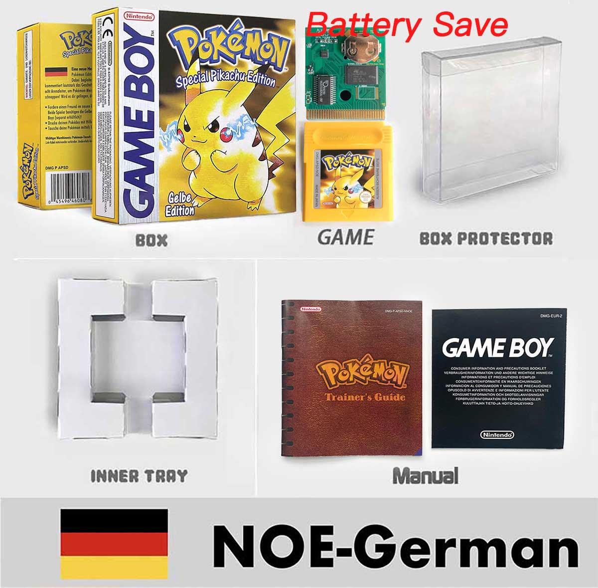 USA ITA NOE FRA ESP version battery save cart sealed pokemon crystal gold silver yellow red blue 16 bit box tray manual Game Cartridge for GBC