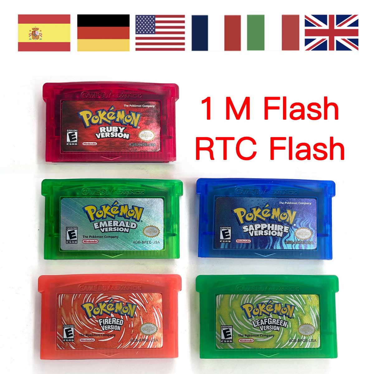 USA ESP NOE FRA EUR ITA 1M/RTC Flash cart Pokemon Emerald,firered,ruby,sapphire,leafgreen Game Cartridge for GBA multiple languages