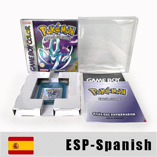 GBC game ESP Spanish pokemon crystal version RTC Flash cart Battery save Nintendo pokemon cristal cartridge tray box game boy color