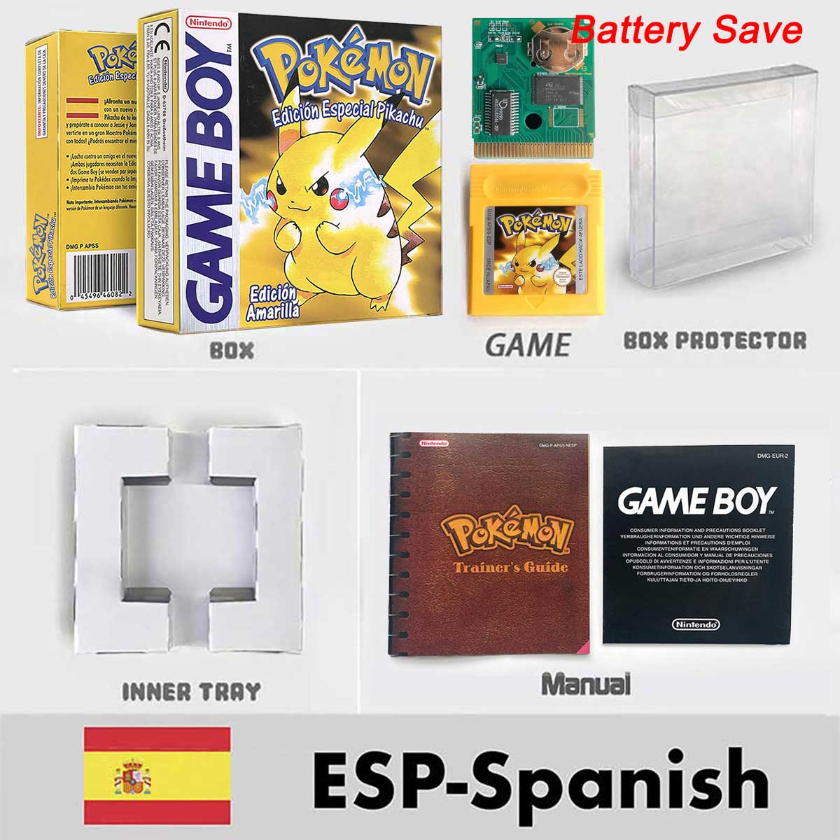 USA ITA NOE FRA ESP version battery save cart sealed pokemon crystal gold silver yellow red blue 16 bit box tray manual Game Cartridge for GBC