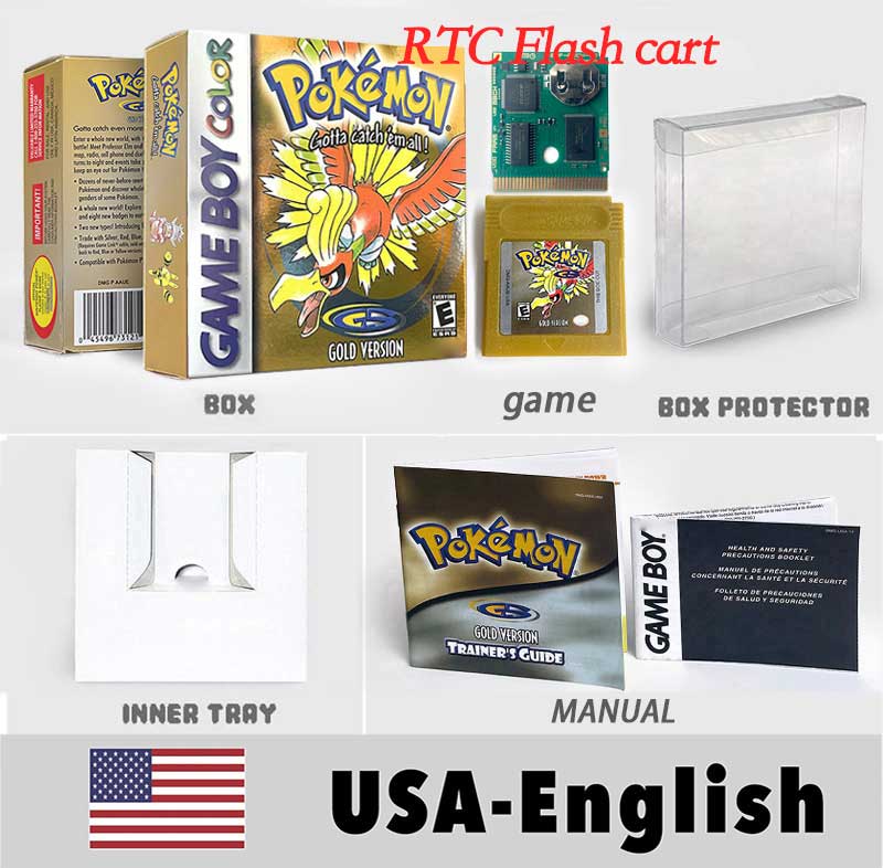 USA ITA NOE FRA ESP pokemon RTC Gold silver crystal NO RTC blue yellow red sealed 16 bit box tray manual Game Cartridge for GBC