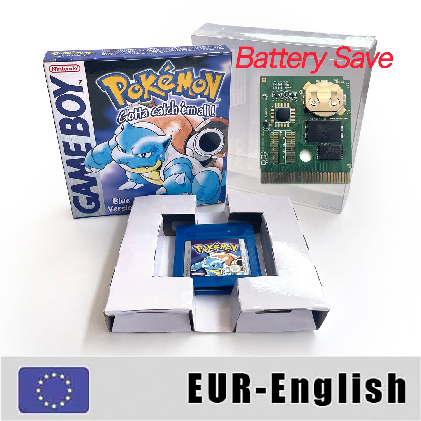 GBC game EUR english pokemon blue version Nintendo Battery save flash cart cartridge tray box gbc game boy color