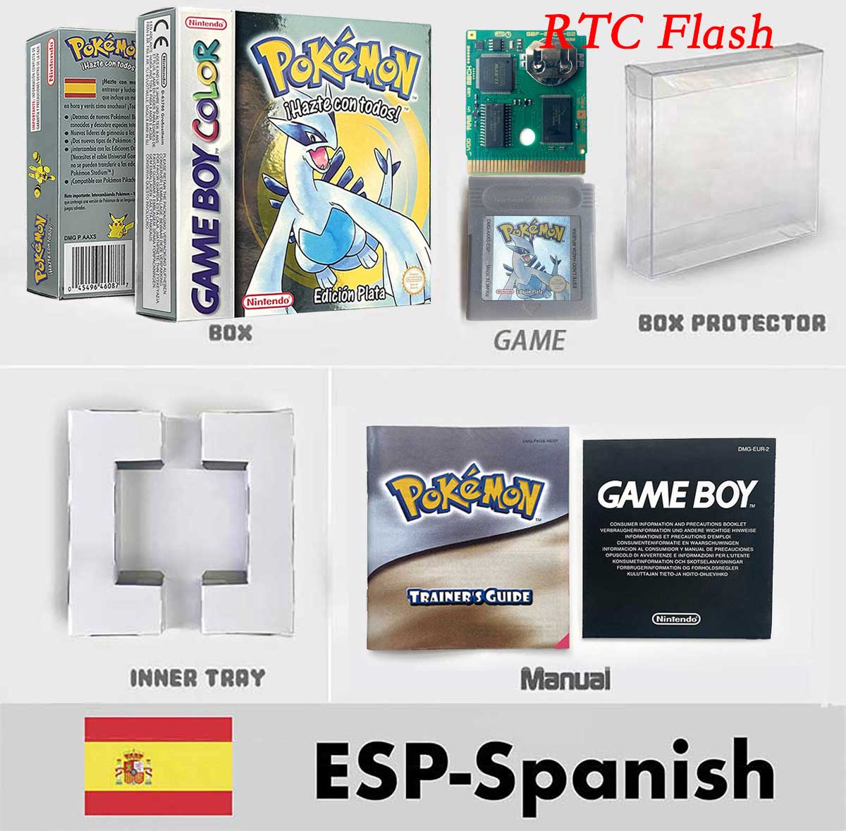 USA ITA NOE FRA ESP pokemon RTC Gold silver crystal NO RTC yellow red blue sealed 16 bit box tray manual Game Cartridge for GBC