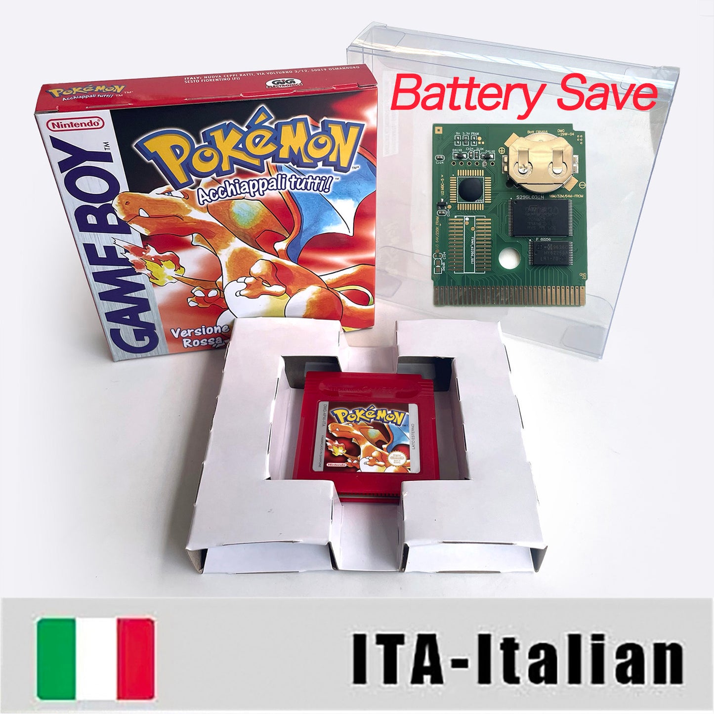 gbc game ITA Italian pokemon red version Battery save no RTC Flash pokemon rosso cartridge with tray box gbc game boy color