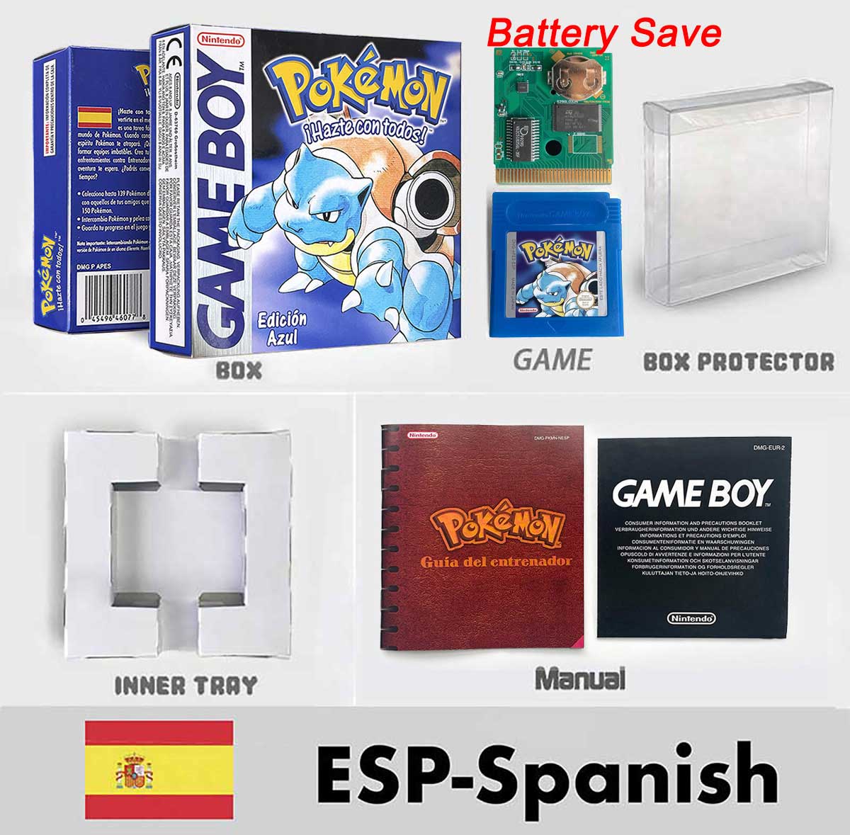 USA ITA NOE FRA ESP version battery save cart sealed pokemon crystal gold silver yellow red blue 16 bit box tray manual Game Cartridge for GBC