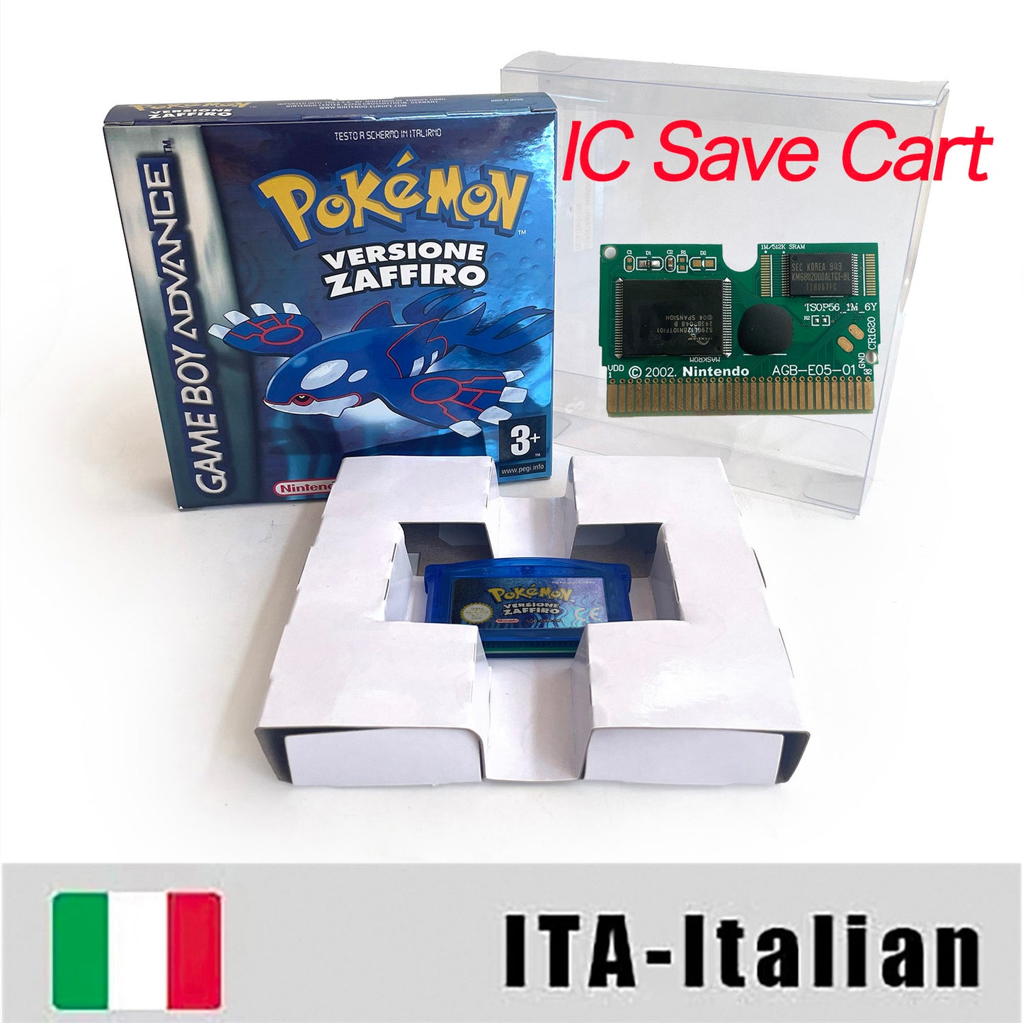 ITA Italian IC save rtc flash cart Real Time Clock pokemon zaffiro version box with tray Nintendo game cartridge for gba game boy advance